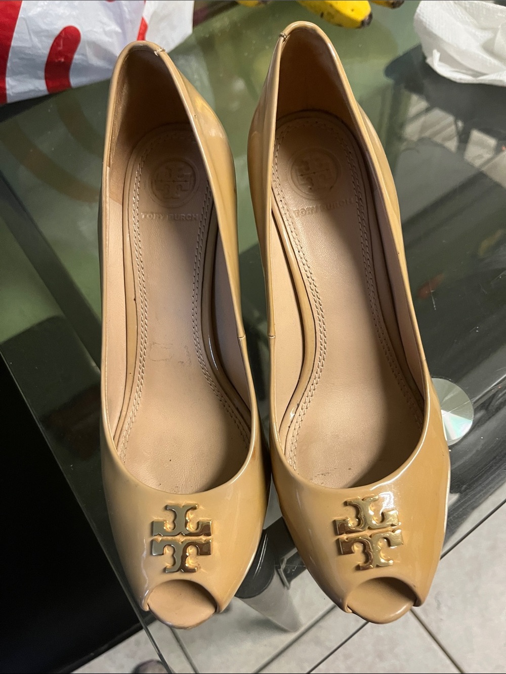 Tory Burch Nude Patent Peep-Toe Pumps with Gold Logo